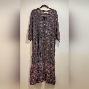 Vermont Country Store Maxi Dress Navy and Gold Rayon 1X
